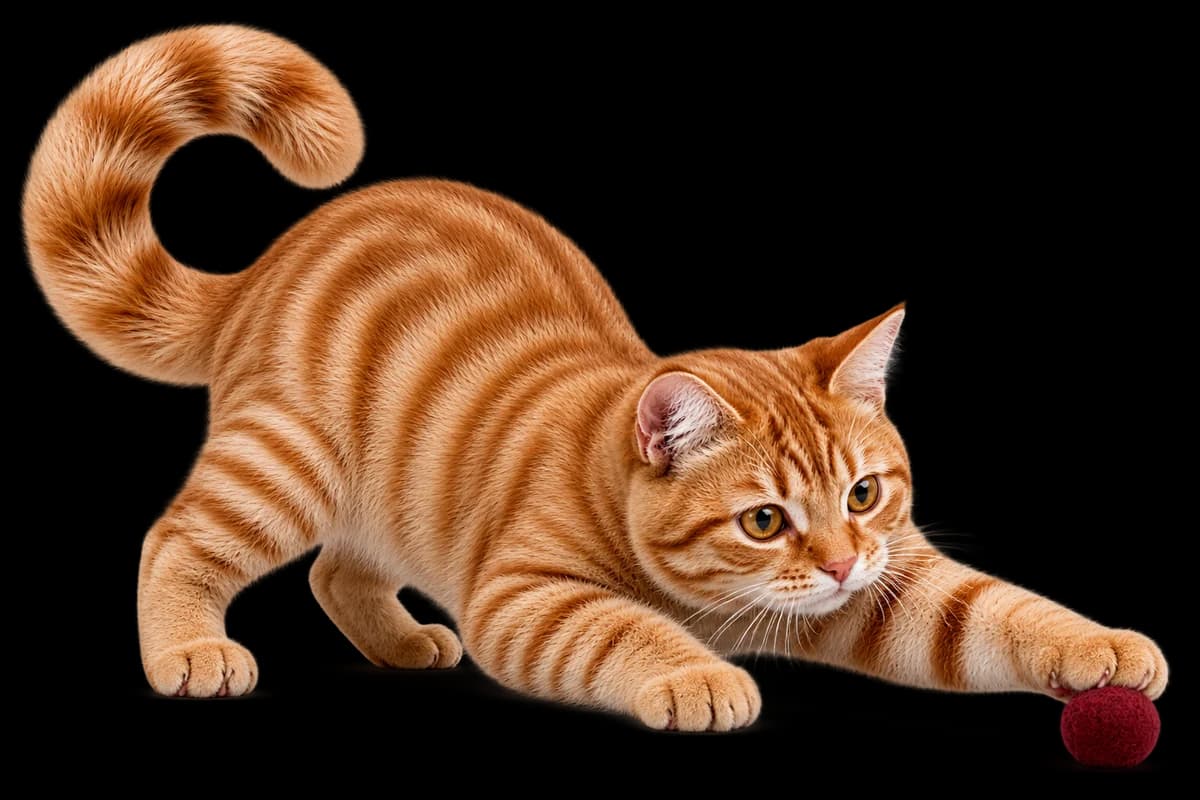 A playful ginger cat getting ready to pounce on a little ball.