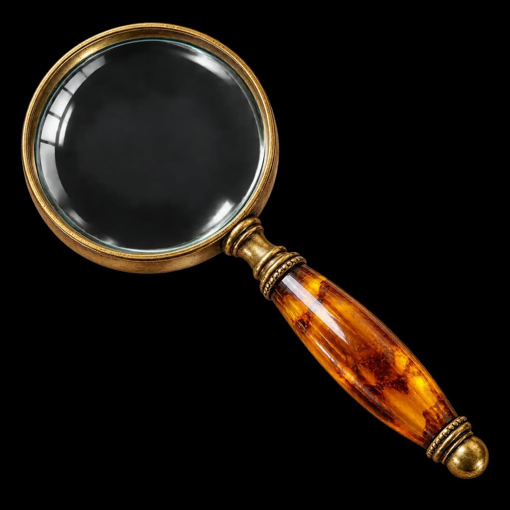 A vintage brass magnifying glass with a ginger-amber handle.