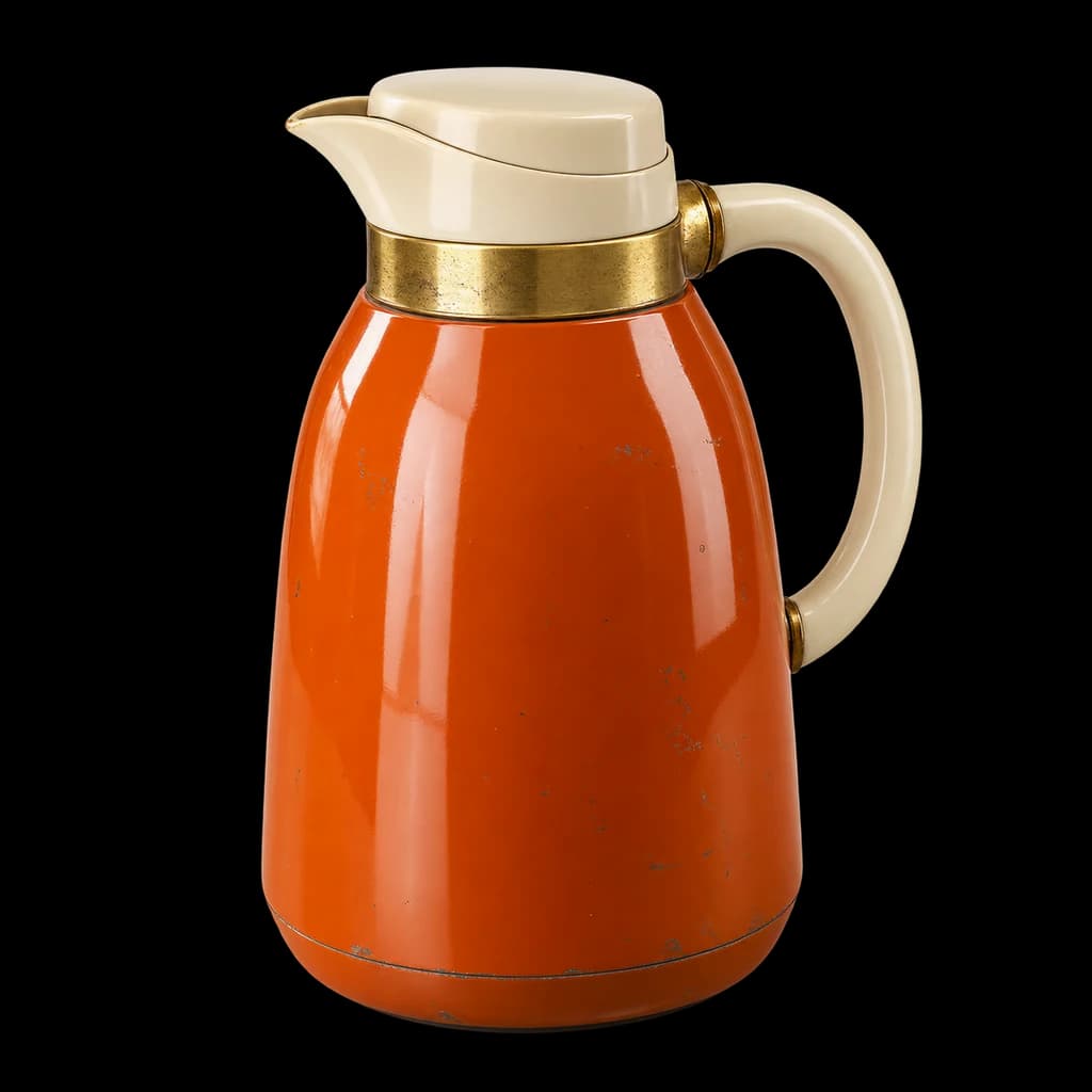A ginger-orange vintage vacuum flask with a cream handle.