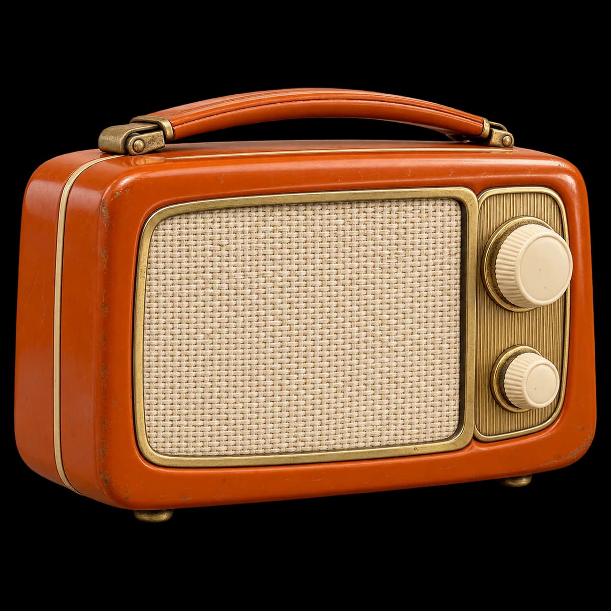 A curious vintage ginger-orange radio with cream knobs and brass trim.